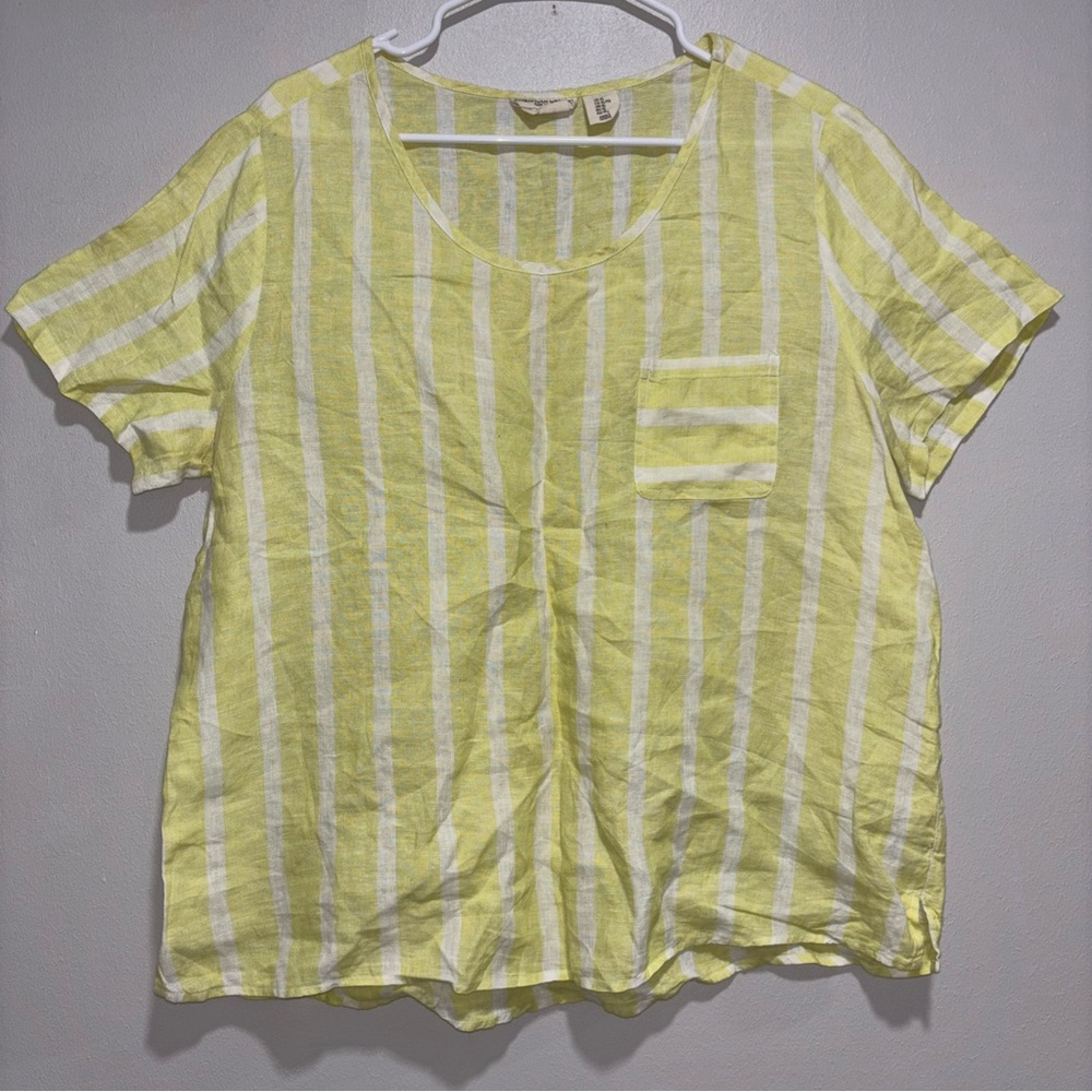 Christian Siriano Womens Top XL Yellow Striped 100% Linen Shirt Short Sleeve Tee